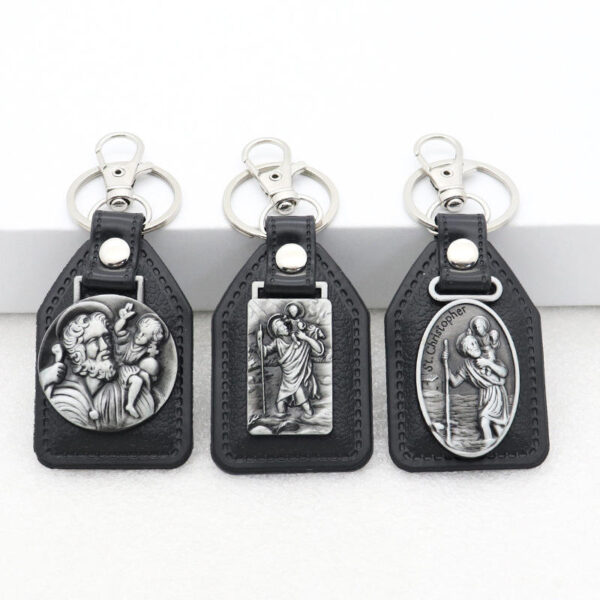 Factory Wholesale Spot Retro Metal Leather Combination Car Ornament Religious Figure Pattern Keychain Jewelry Pendant