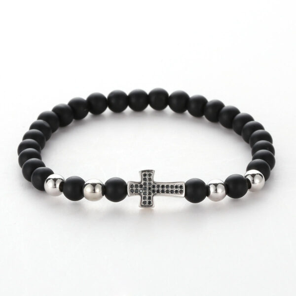 H41528519229c46e18f75634042fe04bd8 Komi Hot Selling Copper Microinset Cross Multicolor Zircon 6mm Black Frosted Stone Religious Bracelet