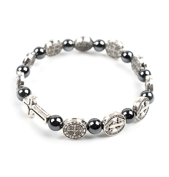 H4208d48e779148a1a96095296cdfe1ecO Komi Metal Catholic Elasticated Round Rose Alloy Beads Rosary Beads CrossPrayer Bracelet