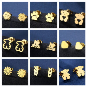 H421cf05745744f07a010fedfa7a89c7df KOMI Gold Stainless Steel Stud Earrings Dainty Love Jesus Heart Bear Flower Earrings for Women Girls Birthday Daily Jewelry Gift