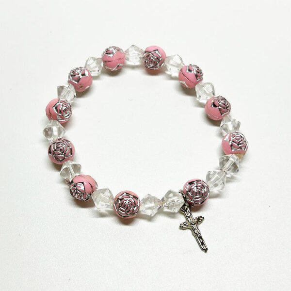 KOMI 10MM Star Rhinestone Crystal Rainbow Acrylic Beads Rosary Bracelet for Women Girls with Crucifix Cross Charm Jewelry Gifts