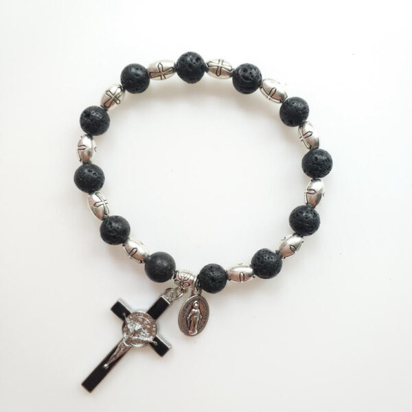 KOMI New Black Benedict Cross Bracelet Volcanic Stone Elastic Beaded Hand Jewelry for Men and Women Bracelet