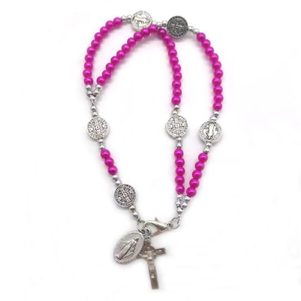 H46d00fe8438740a5a970ae8557506abfV KOMI New Design Pink Double Rosary Bracelet Imitation Pearl Madonna Cross Miniature Bracelet