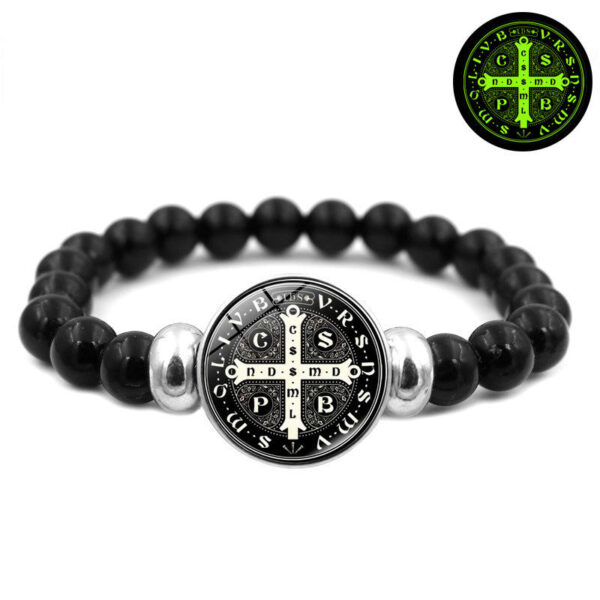 KOMI New Design Holy Light Saint Benedict's Medal Bracelet for Women All Black Stretch Beaded Bracelet