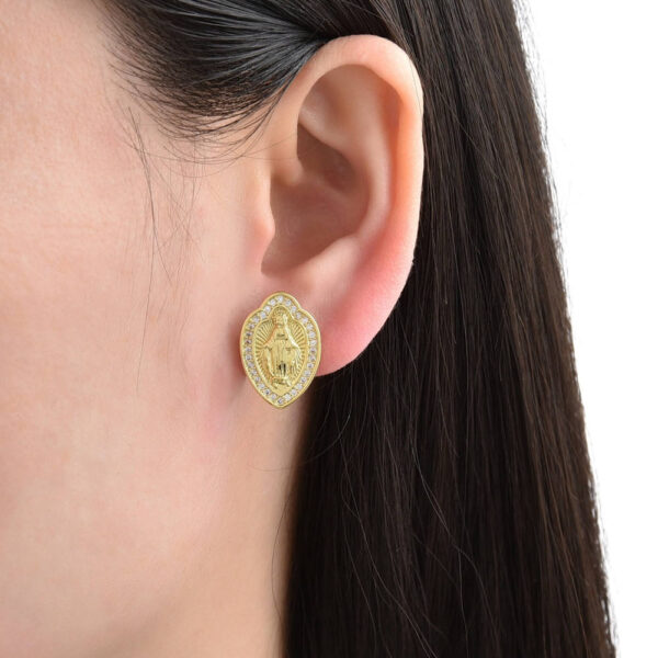 H4b2737992d404bfe8331512dff38b6edX KOMI Gold CZ Virgin Mary Stud Earrings for Women Trendy 14K Gold Plated Cubic Zirconia Shield Madonna Earrings Studs for Women