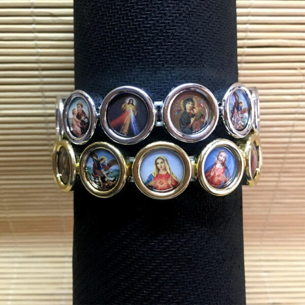 KOMI Acrylic Beads Rosary Stretch Elastic Bracelet for Men Silver Gold Religious Figures Round Coins Beaded Bracelets for Women