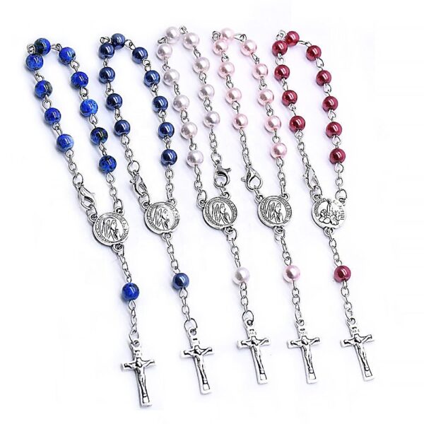 H5269f6eb4c924200b6efa106fb848d6ai Komi 6mm Pearl Rosary Bracelet Silver Plated Crucifix Cross Charm Bracelet Religious Prayer Beaded Rosary Bracelets in Box