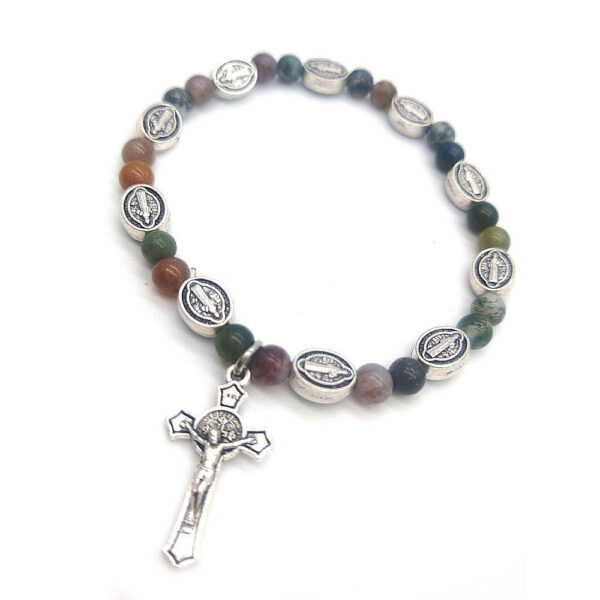 Natural Stone Agate Beads Rosary Bracelet Hand String with Jesus Cross Charm Religious Beaded Bracelets Elastic Stretch Bangles