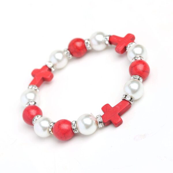 KOMI Dainty Pearl Rhinestone Crystal Beads Bracelet Adjustable Elastic Colored Turquoise Cross Beaded Bracelets for Women Men