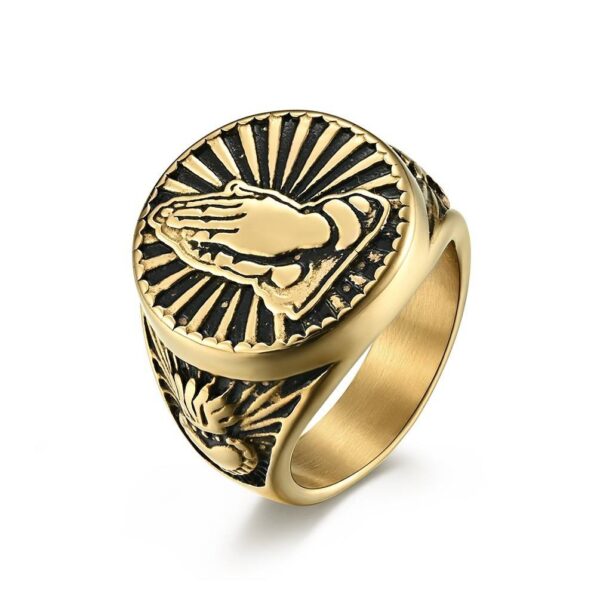 H567e50c71da74f34bb3247158c0413e4K KOMI Prayer Hand Stainless Steel 18K Gold Prayer Hand Ring for Men