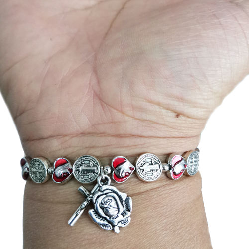 St. Benedict Medal and Red Heart Shaped Medal Bracelet with Cross and Maria Dedal