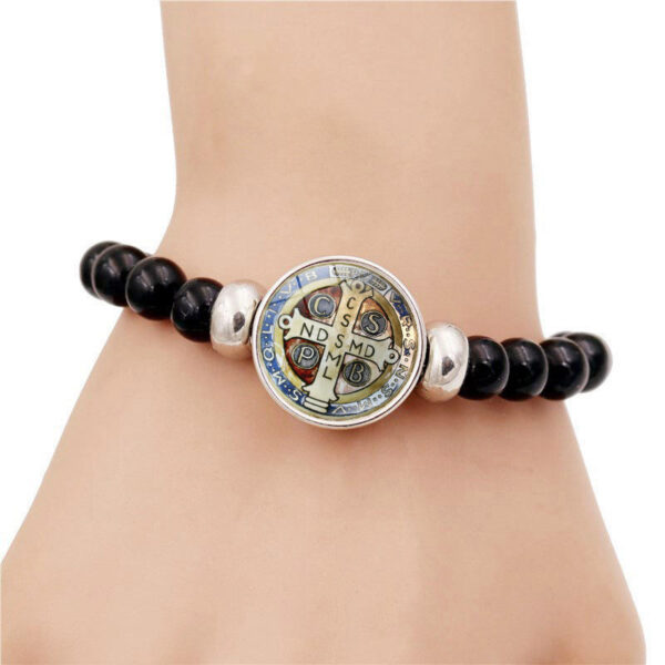 KOMI New Design Holy Light Saint Benedict's Medal Bracelet for Women All Black Stretch Beaded Bracelet