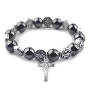 Catholic Rosary Hematite Beads Bracelet Saint Benedict Alloy Medal Unisex Jesus Cross Religious Jewelry
