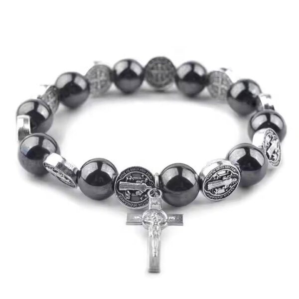 Catholic Rosary Hematite Beads Bracelet Saint Benedict Alloy Medal Unisex Jesus Cross Religious Jewelry