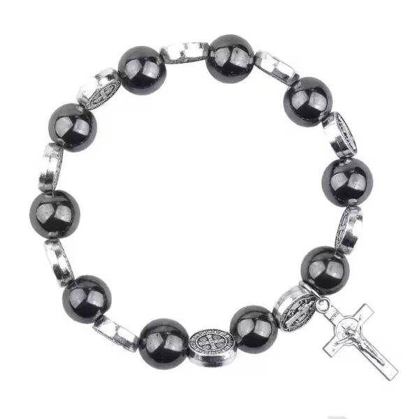 Catholic Rosary Hematite Beads Bracelet Saint Benedict Alloy Medal Unisex Jesus Cross Religious Jewelry
