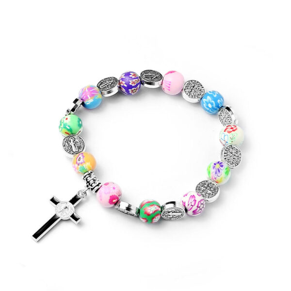 KOMI Wholesale 8mm Polymer Clay Rosary Beads Bracelet Hand String Elastic Bracelet with Cross Charm St.Benedict Beaded Bangles
