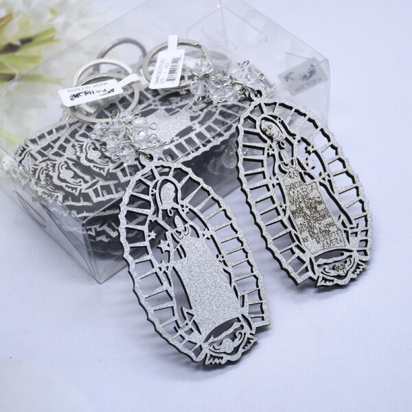 H5e5312f54dc6440eb35e3da188815f85t Foreign Trade Baptism Key Chain Wooden Card Key Chain Guadalupe Gold and Silver Powder Wedding Jewelry Pendant
