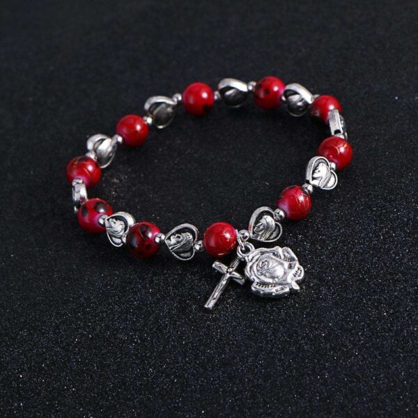Komi Christian Handmade Rosary Bracelet St Mary Red Stone Beaded Rose Cross Classic Adjustable Bracelets Jewelry Gift