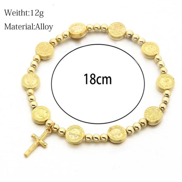 Hot Selling Alloy Bracelet Gold Round Beads Saint Benedict Cross Pendant Bracelet Religious Elastic Line Beaded Bracelet