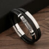KOMI Mens Cuff Bracelet Bangles Black Leather Bracelets with Stainless Steel Buckle Cross Charms Bracelets Bangles for Men Gifts