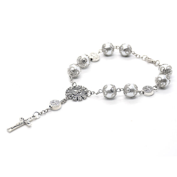 H617bfc7af4bf456d844f97a2e296ef5dF Hot Selling Silver Color Pearl Rosary Glass PearlBeads Bracelets Jesus Cross Pendant Charm Prayer Bracelets
