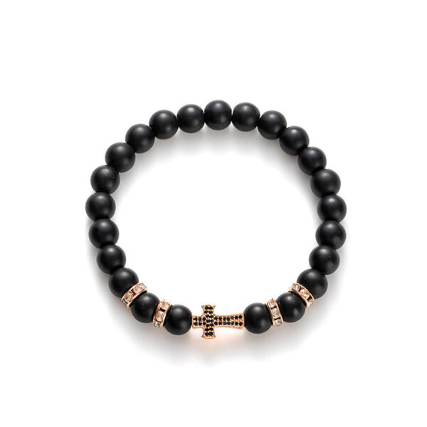 KOMI Fashion Hot Selling Natural Stone Beaded Bracelet Black Frosted Gemstone Zircon Cross Beads Wrist Bracelets for Men Women
