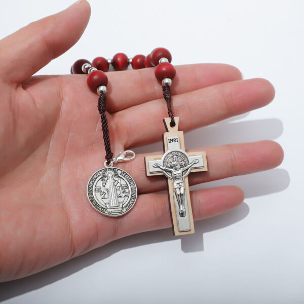 H63c9f79569514f9da801b8b38159681bX Rosary Red Wooden Beads Rose Bracelet Necklace Prayer St. Benedict Medal Jesus Cross Religious Jewelry Set