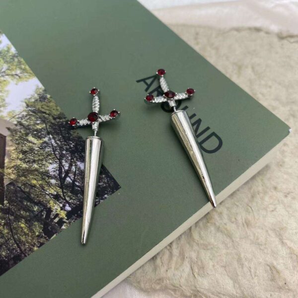 KOMI Vintage Cool Red Crystal Sword Dagger Cross Earrings Studs Original Halloween Gothic Earrings for Girls Boys Party Gifts