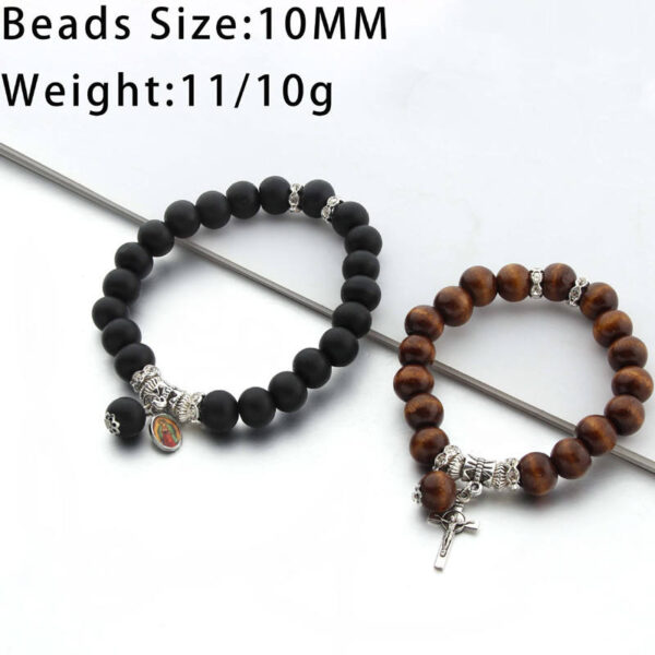H6a192a5a13fa4673b0bc8de0c6a7adb1G KOMI Couple Black Brown Wood Beads Elastic Rope Bracelet Jesus Cross Virgin Mary Medal Charms Bracelet for Women Men Gift