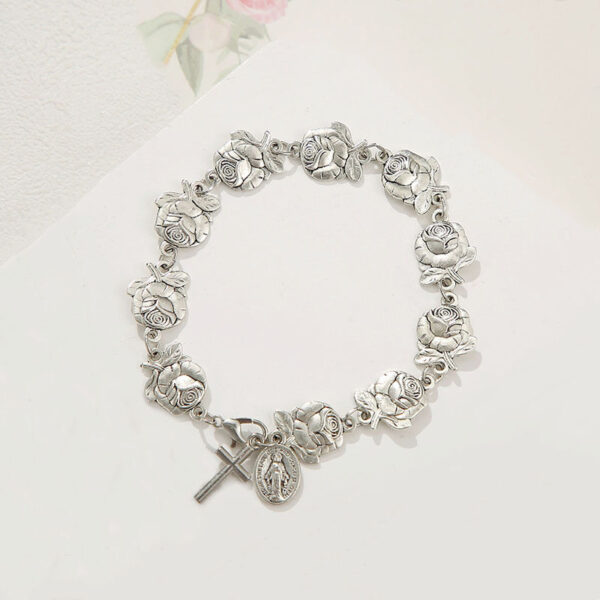 KOMI Silver Rose Flower Link Bracelets for Women Dangling Virgin Mary Medal and Cross Charms Bracelets Jewelry Gifts for Girls