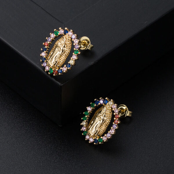 H6b63a4cab05b4220b578ad69287b35e3H Religious Jewelry 18K Gold Plated CZ Virgin Mary Medal Earrings Stud with Zircon Oval Coin Studs Gold Party Gifts