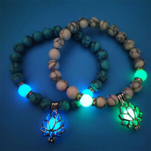 KOMI Turquoise Beads Hand String Yoga Energy Bracelet Luminous Lotus Charm Sanskrit Beaded Bracelets Elastic Wristband Bracelet
