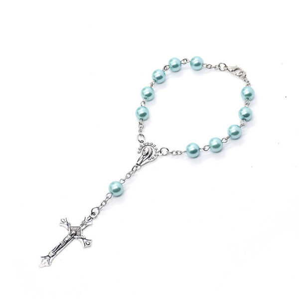 New 8mm Glass Faux Blue Pearl Rosary Pearl Catholic Religious Denary with Virgin Mary Bracelets