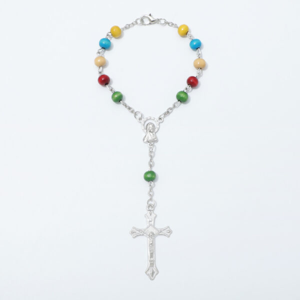 Hot Selling Rosary Bracelet Handmade Colorful Wooden Beads Alloy Jesus Cross Maria Medal Religious Jewelry Bracelet