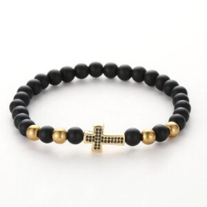 Komi Hot Selling Copper Microinset Cross Multicolor Zircon 6mm Black Frosted Stone Religious Bracelet
