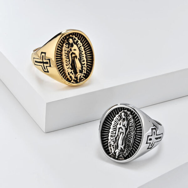 H75028cf4ccf6422182a50e5106db6df2k KOMI Stainless Steel Christian Virgin Mary Cross Ring for Men Vintage Silver Gold Religious Signet Ring Cross Band Ring No.7-13
