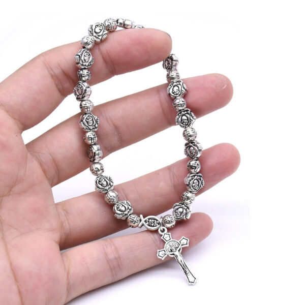 Komi Metal Catholic Elasticated Round Rose Alloy Beads Rosary Beads Cross Pendant Prayer Bracelet