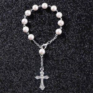 KOMi Religious Rosary Bracelet White Glass Pearl Imitation Children's Communion Baby's Baptism Bracelet Favors Catholic Mini Ro