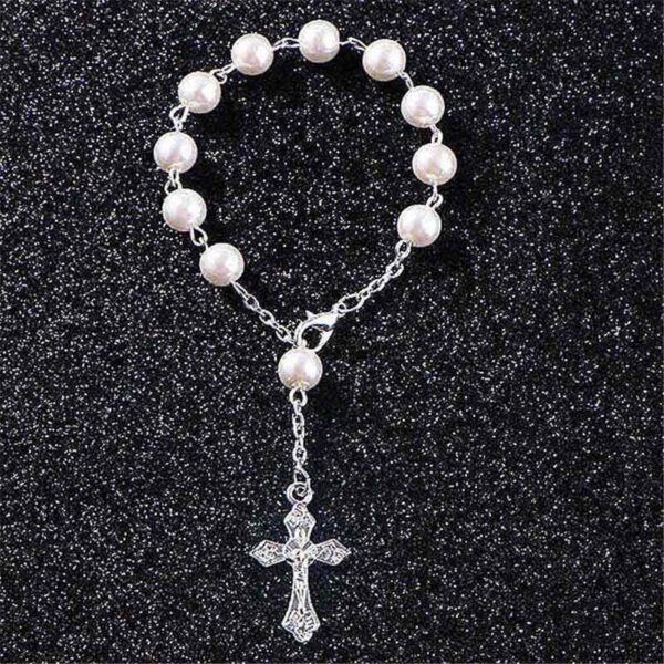 H76e2f353b27b443a804796942e7497f8L KOMi Religious Rosary Bracelet White Glass Pearl Imitation Children's Communion Baby's Baptism Bracelet Favors Catholic Mini Ro