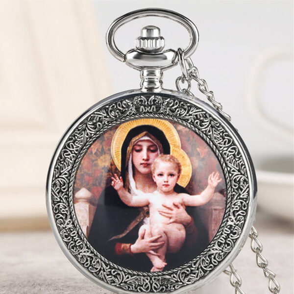 KOMI Wholesale Vintage Classic Large Pocket Watch Religious Virgin Mary and Jesus Motif Quartz Pocket Watch for Men Women Gift