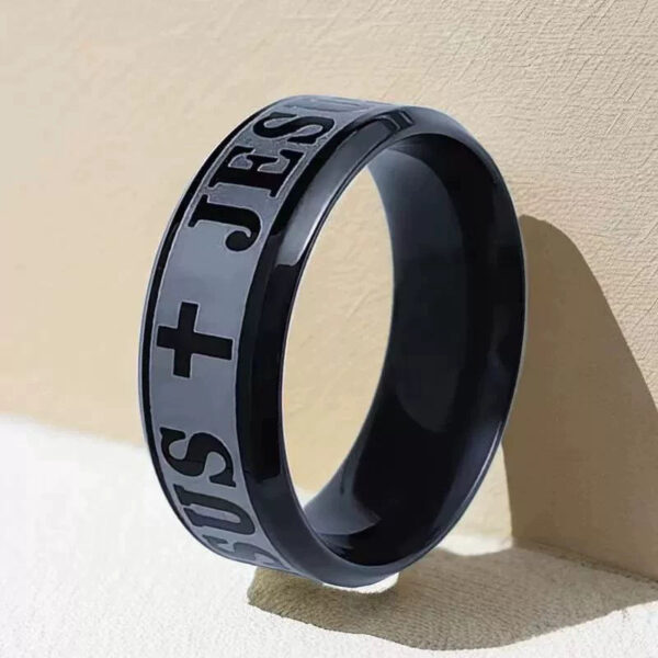 H77ec3f5dcf764da8aba776a207580f16F KOMI Mens Black Silver Gold Stainless Steel Rings Lords Prayer Jesus Cross Ring Trendy Men Wedding Band Ring for Men Comfort Fit