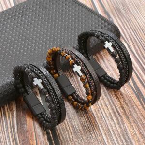 Mens Cross Gemstone Leather Cuff Bracelet Bangles Hematite Cross 6mm Natural Stone Layered Leather Bangle Bracelets for Men