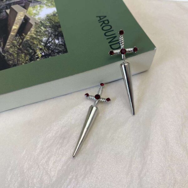 KOMI Vintage Cool Red Crystal Sword Dagger Cross Earrings Studs Original Halloween Gothic Earrings for Girls Boys Party Gifts