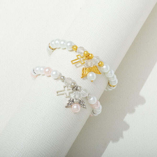 KOMI Christian Gifts Cross Bracelet for Women Dainty Crystal Pearl Beaded Bracelets Cross Angel Charms Cuff Bracelets for Women