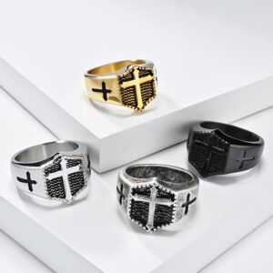 H7bf0d40cad1a47e28c59575a7036d9408 KOMI Vintage Stainless Steel Cross Ring for Men 16mm Wide Silver Gold Religious Prayer Cross Band Punk Ring for Men Jewelry Gift