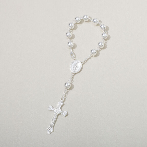 Silver Jesus Cross Pendant Copper Plated 925 Sterling Bright Silver Bead Rosary Virgin Mary Medal Bracelet Religious Jewelry