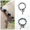 KOMI New Black Benedict Cross Bracelet Volcanic Stone Elastic Beaded Hand Jewelry for Men and Women Bracelet