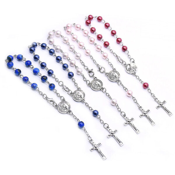 H7ea296b0151942c0a4fad422d421b6f4E Komi 6mm Pearl Rosary Bracelet Silver Plated Crucifix Cross Charm Bracelet Religious Prayer Beaded Rosary Bracelets in Box