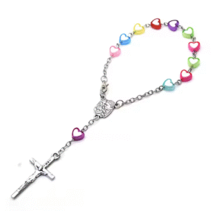 Komi colorful Heart Shaped Plastic Beads Jesus Cross Pendant Decade Catholic Children Pray Religious Rosary Bracelet