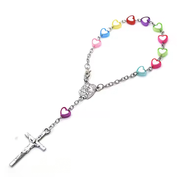 Komi colorful Heart Shaped Plastic Beads Jesus Cross Pendant Decade Catholic Children Pray Religious Rosary Bracelet